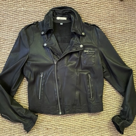 Jakett -Black Josey Washed Leather Cropped Moto Jacket - Small